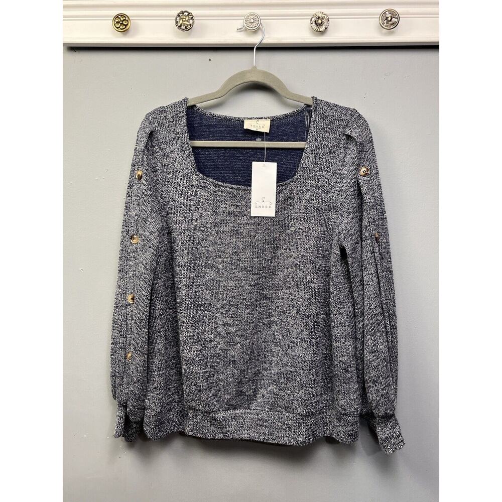 Ember Sweater womens XL Blue Button accents on sleeves Pullover square‎ neck New